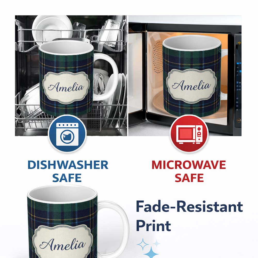 Personalized Custom Name Deep Green Navy Gold Classic Tartan Plaid Texture Seamless Pattern 11oz Ceramic Coffee Tea Mug White Large Handle
