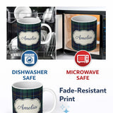 Personalized Custom Name Deep Green Navy Gold Classic Tartan Plaid Texture Seamless Pattern 11oz Ceramic Coffee Tea Mug White Large Handle