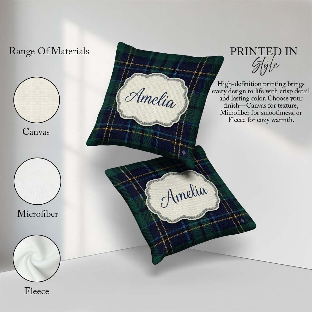 Custom Name Deep Green Navy Gold Classic Tartan Texture Seamless Square Filled Cushion Throw Pillow Sofa Bed Home Decor Zip Washable UK Made