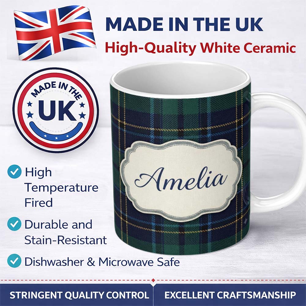 Personalized Custom Name Deep Green Navy Gold Classic Tartan Plaid Texture Seamless Pattern 11oz Ceramic Coffee Tea Mug White Large Handle