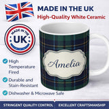 Personalized Custom Name Deep Green Navy Gold Classic Tartan Plaid Texture Seamless Pattern 11oz Ceramic Coffee Tea Mug White Large Handle
