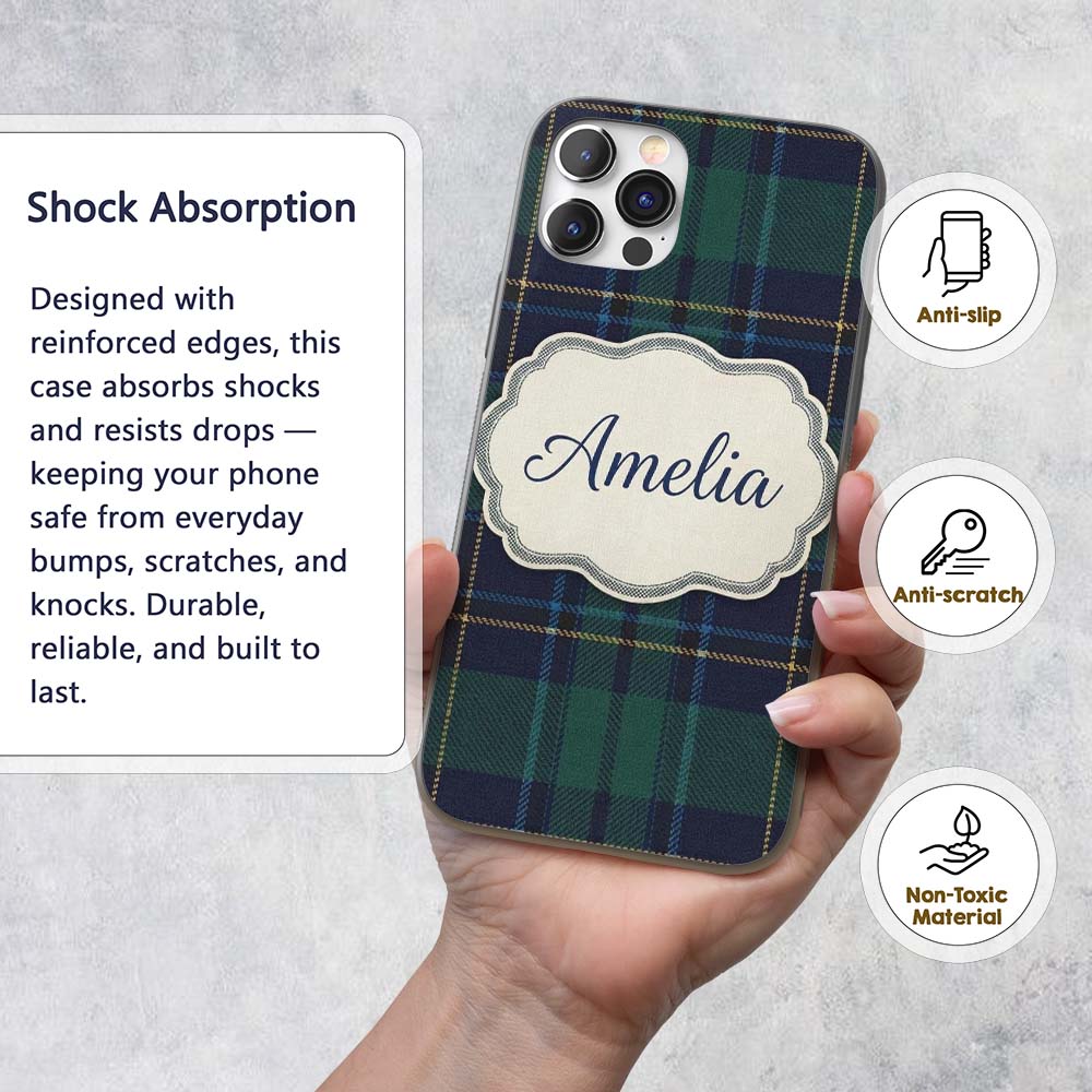 Deep Green Navy Gold Classic Tartan Plaid Texture Custom Name Protective Phone Case Mobile Cover Durable Everyday Smartphone Shock Resistant