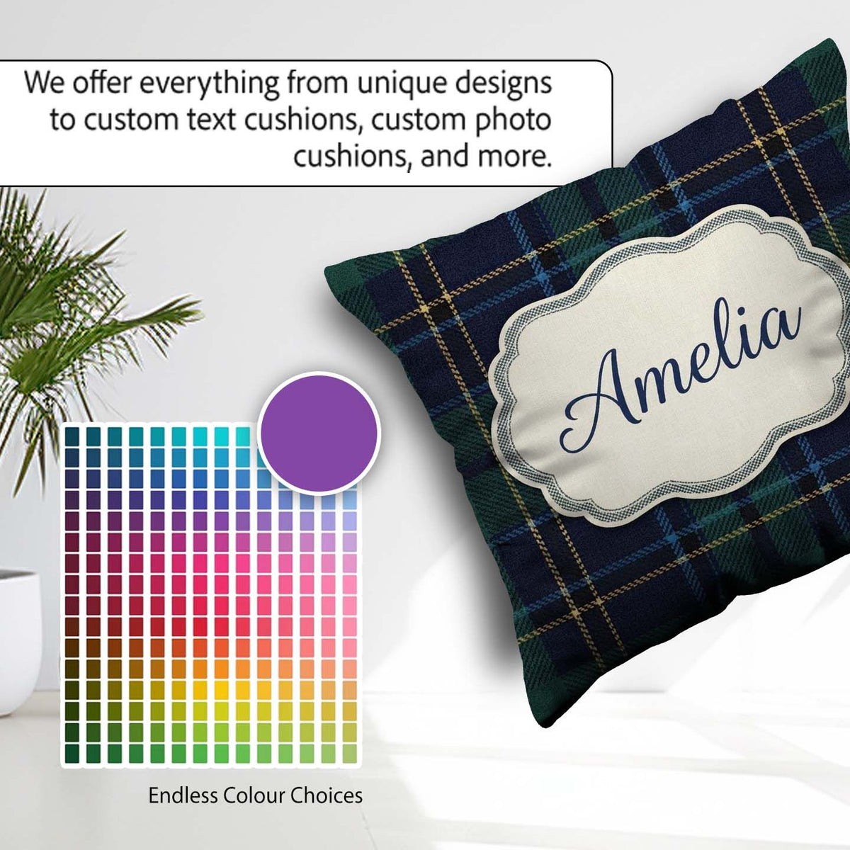 Custom Name Deep Green Navy Gold Classic Tartan Texture Seamless Square Filled Cushion Throw Pillow Sofa Bed Home Decor Zip Washable UK Made