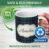 Personalized Custom Name Deep Green Navy Gold Classic Tartan Plaid Texture Seamless Pattern 11oz Ceramic Coffee Tea Mug White Large Handle