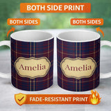 Personalized Custom Name Burgundy Navy Gold Heritage Tartan Plaid Texture Seamless Pattern 11oz Ceramic Coffee Tea Mug White Large Handle