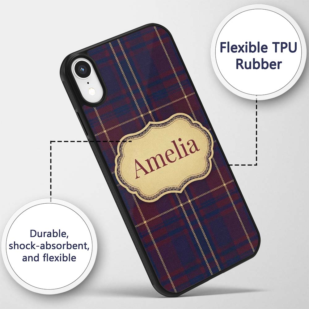Burgundy Navy Gold Heritage Tartan Plaid Texture Custom Name Protective Phone Case Mobile Cover Durable Everyday Smartphone Shock Resistant