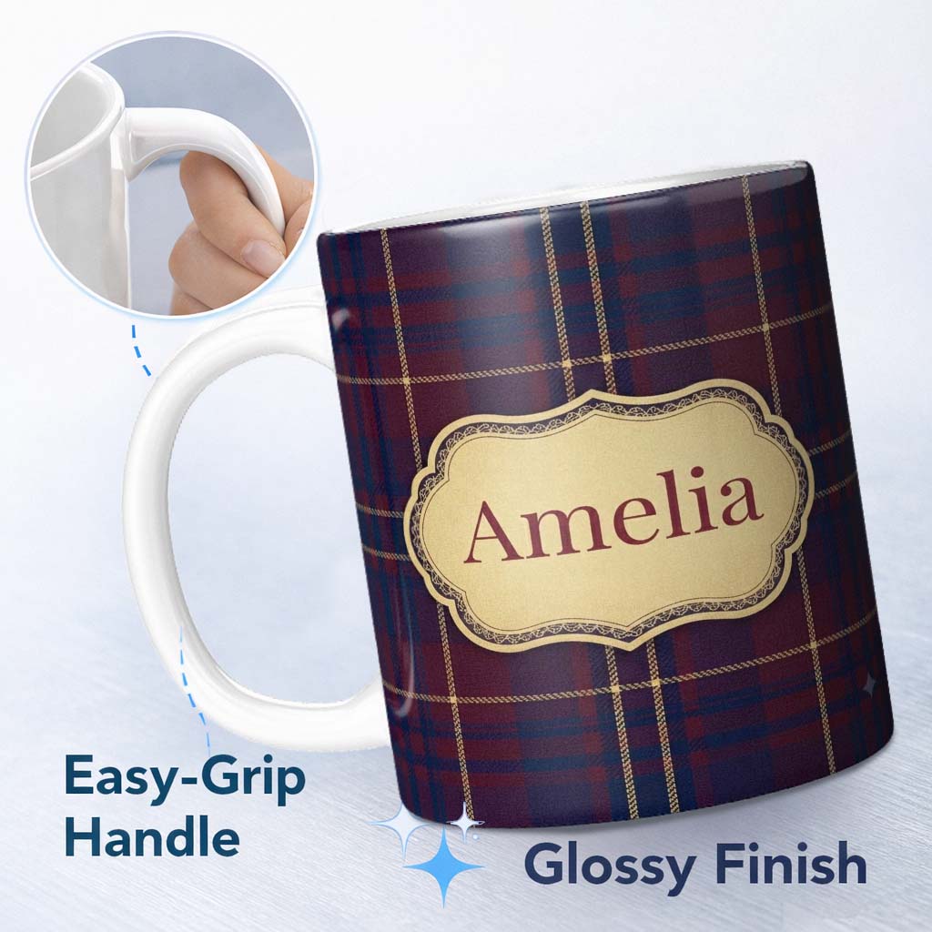 Personalized Custom Name Burgundy Navy Gold Heritage Tartan Plaid Texture Seamless Pattern 11oz Ceramic Coffee Tea Mug White Large Handle
