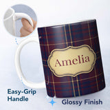 Personalized Custom Name Burgundy Navy Gold Heritage Tartan Plaid Texture Seamless Pattern 11oz Ceramic Coffee Tea Mug White Large Handle