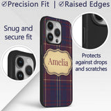Burgundy Navy Gold Heritage Tartan Plaid Texture Custom Name Protective Phone Case Mobile Cover Durable Everyday Smartphone Shock Resistant
