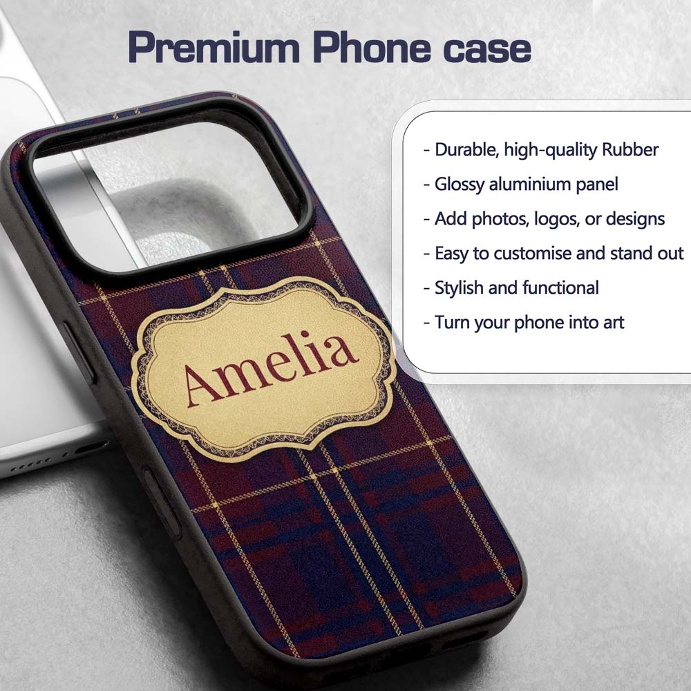 Burgundy Navy Gold Heritage Tartan Plaid Texture Custom Name Protective Phone Case Mobile Cover Durable Everyday Smartphone Shock Resistant