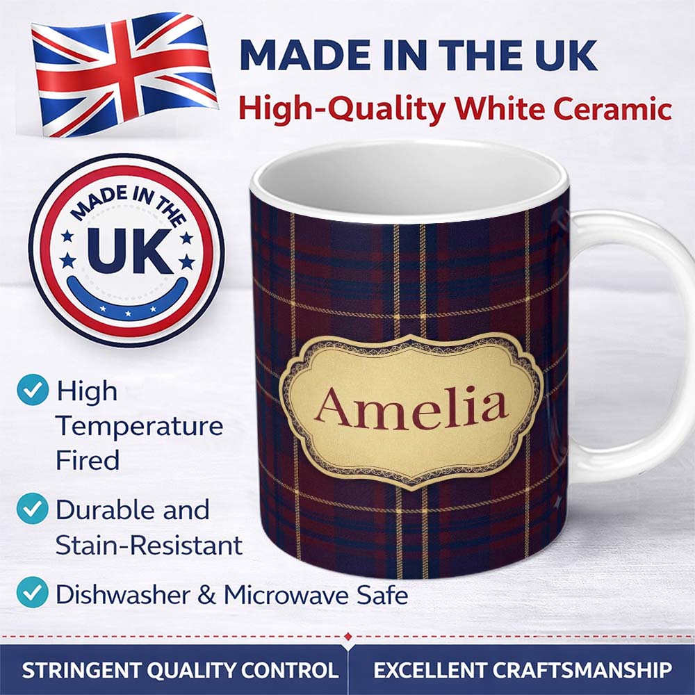 Personalized Custom Name Burgundy Navy Gold Heritage Tartan Plaid Texture Seamless Pattern 11oz Ceramic Coffee Tea Mug White Large Handle