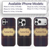 Burgundy Navy Gold Heritage Tartan Plaid Texture Custom Name Protective Phone Case Mobile Cover Durable Everyday Smartphone Shock Resistant