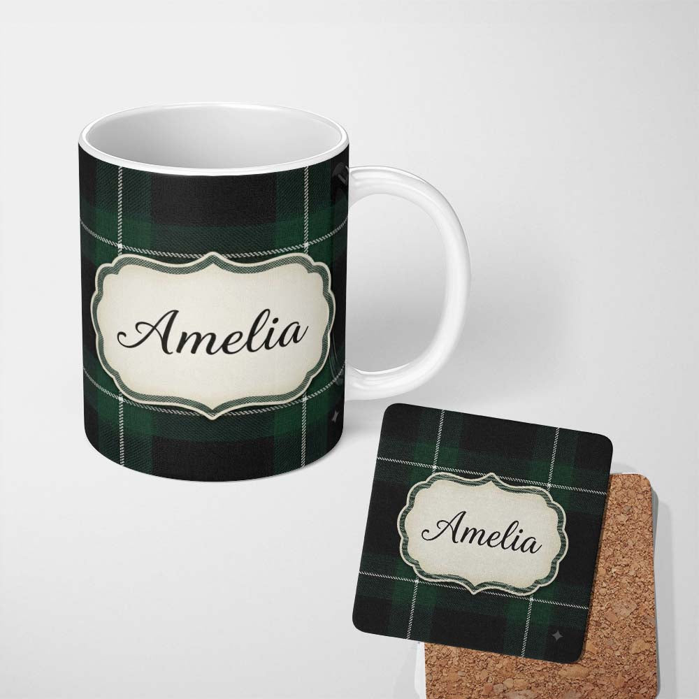 Personalized Custom Name Dark Green Black Classic Tartan Plaid Seamless Pattern Name Cute 11oz Ceramic Coffee Tea Mug White Large Handle