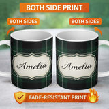Personalized Custom Name Dark Green Black Classic Tartan Plaid Seamless Pattern Name Cute 11oz Ceramic Coffee Tea Mug White Large Handle