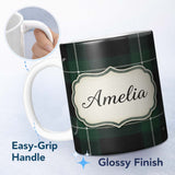 Personalized Custom Name Dark Green Black Classic Tartan Plaid Seamless Pattern Name Cute 11oz Ceramic Coffee Tea Mug White Large Handle