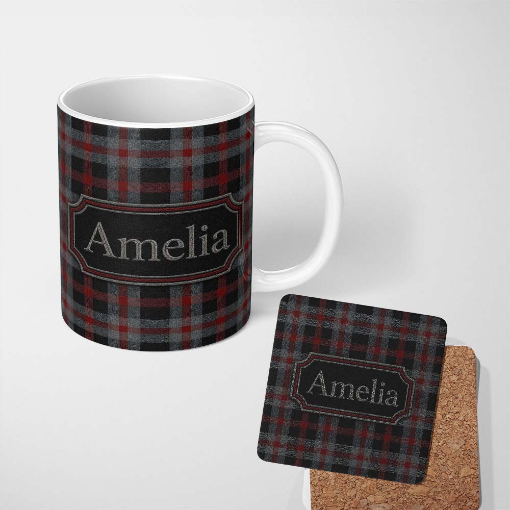 Personalized Custom Name Red Grey Black Rustic Tartan Plaid Seamless Pattern Name Cute 11oz Ceramic Coffee Tea Mug White Large Handle