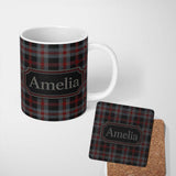 Personalized Custom Name Red Grey Black Rustic Tartan Plaid Seamless Pattern Name Cute 11oz Ceramic Coffee Tea Mug White Large Handle