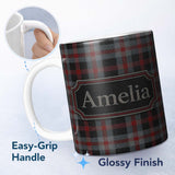 Personalized Custom Name Red Grey Black Rustic Tartan Plaid Seamless Pattern Name Cute 11oz Ceramic Coffee Tea Mug White Large Handle
