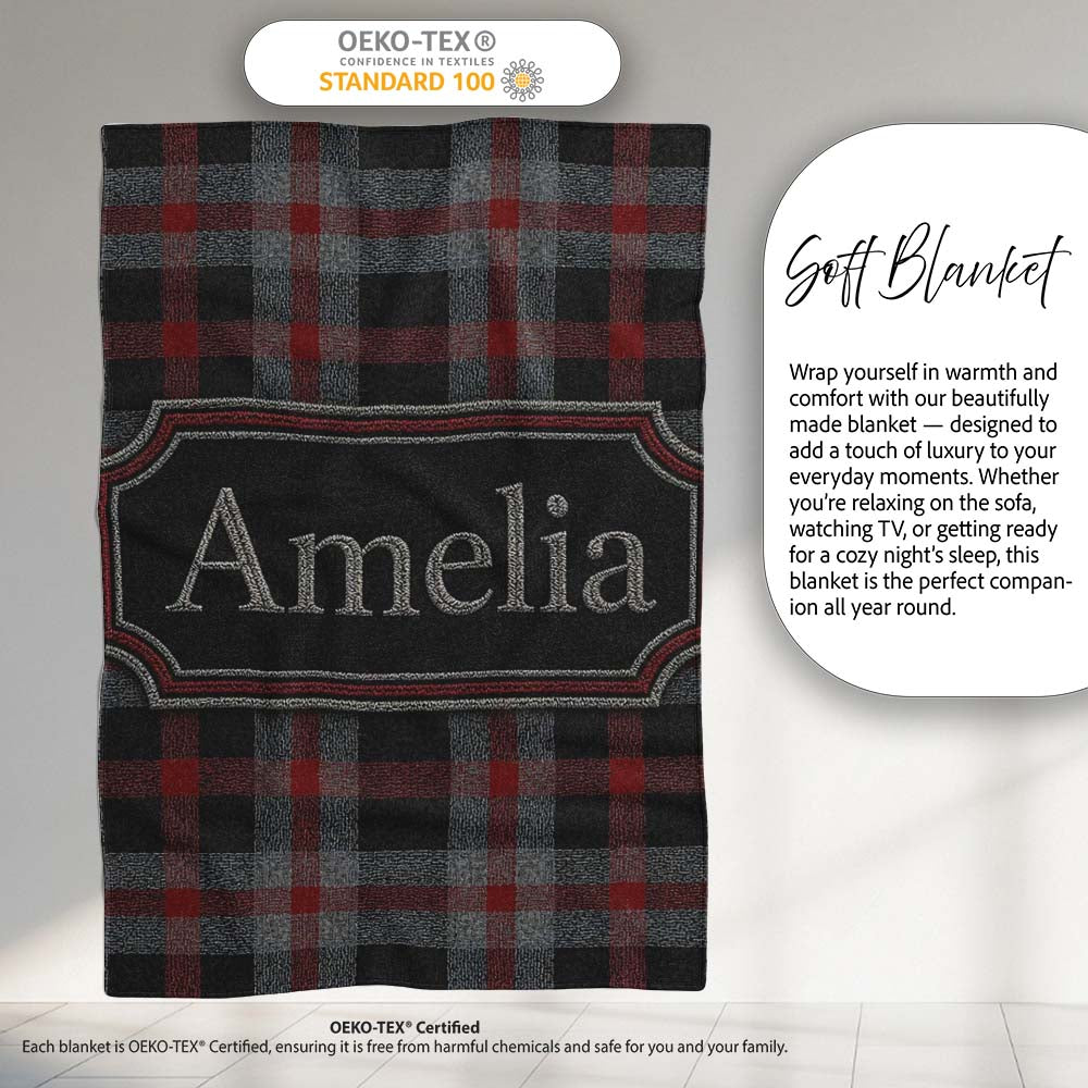 Red Grey Black Rustic Tartan Plaid Seamless Pattern Name Cute  Personalised Custom Name Super Soft Fleece Blanket Bed Sofa Throw
