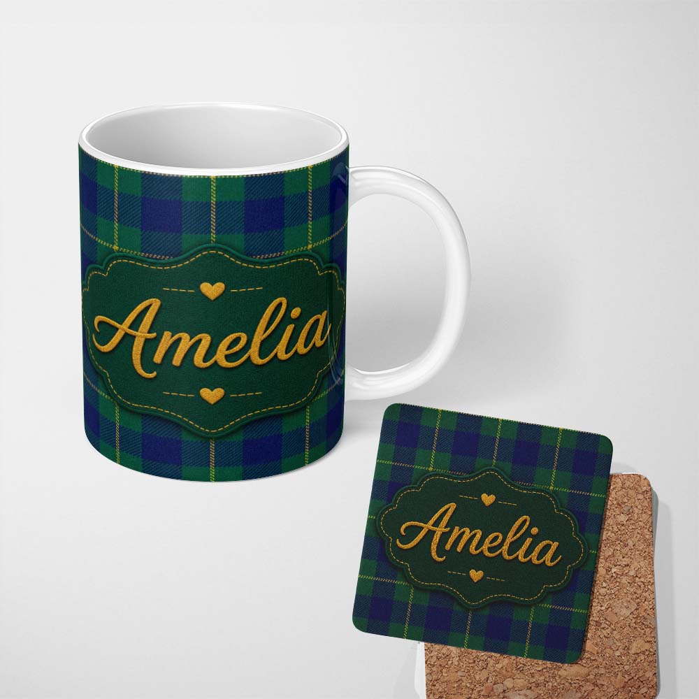 Personalized Custom Name Blue Green Gold Traditional Tartan Plaid Seamless Pattern Custom 11oz Ceramic Coffee Tea Mug White Large Handle