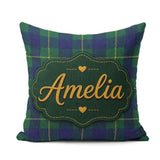 Custom Name Blue Green Gold Tartan Plaid Seamless Pattern Custom Square Filled Cushion Throw Pillow Sofa Bed Home Decor Zip Washable UK Made