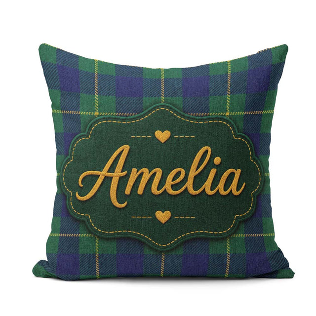 Custom Name Blue Green Gold Tartan Plaid Seamless Pattern Custom Square Filled Cushion Throw Pillow Sofa Bed Home Decor Zip Washable UK Made