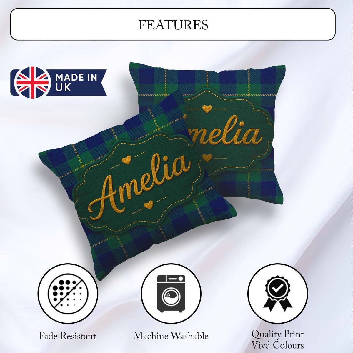 Custom Name Blue Green Gold Tartan Plaid Seamless Pattern Custom Square Filled Cushion Throw Pillow Sofa Bed Home Decor Zip Washable UK Made