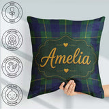 Custom Name Blue Green Gold Tartan Plaid Seamless Pattern Custom Square Filled Cushion Throw Pillow Sofa Bed Home Decor Zip Washable UK Made