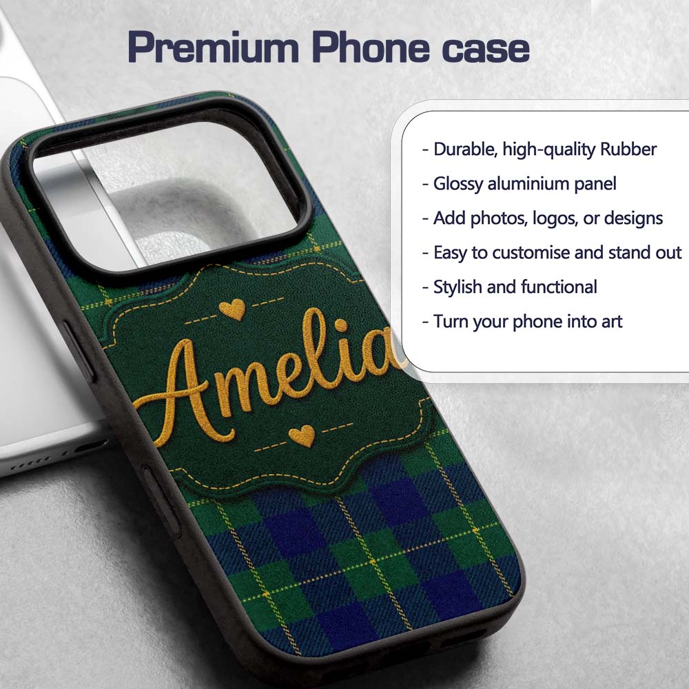 Blue Green Gold Traditional Tartan Plaid Seamless Custom Name Protective Phone Case Mobile Cover Durable Everyday Smartphone Shock Resistant