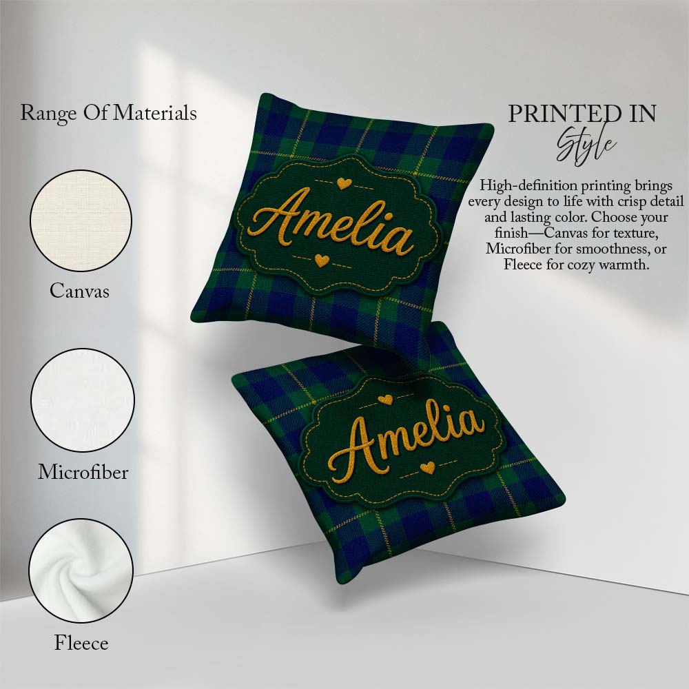 Custom Name Blue Green Gold Tartan Plaid Seamless Pattern Custom Square Filled Cushion Throw Pillow Sofa Bed Home Decor Zip Washable UK Made