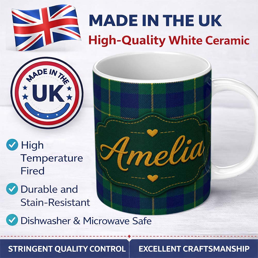 Personalized Custom Name Blue Green Gold Traditional Tartan Plaid Seamless Pattern Custom 11oz Ceramic Coffee Tea Mug White Large Handle