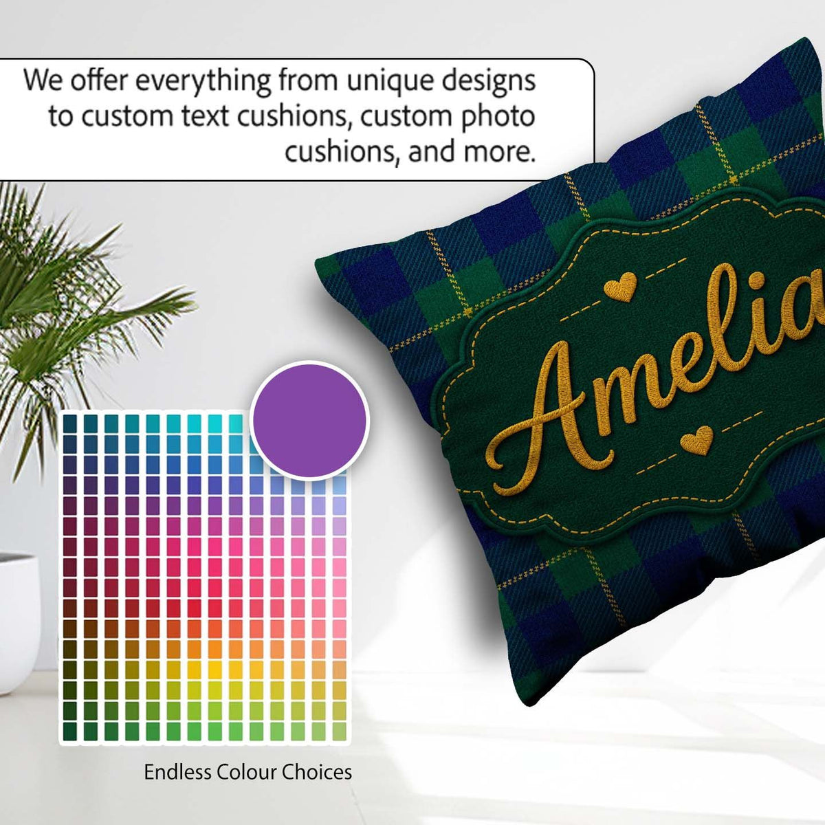 Custom Name Blue Green Gold Tartan Plaid Seamless Pattern Custom Square Filled Cushion Throw Pillow Sofa Bed Home Decor Zip Washable UK Made