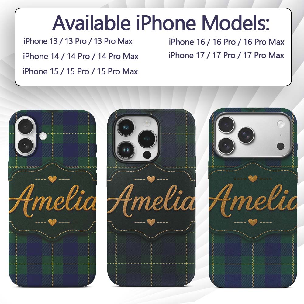 Blue Green Gold Traditional Tartan Plaid Seamless Custom Name Protective Phone Case Mobile Cover Durable Everyday Smartphone Shock Resistant