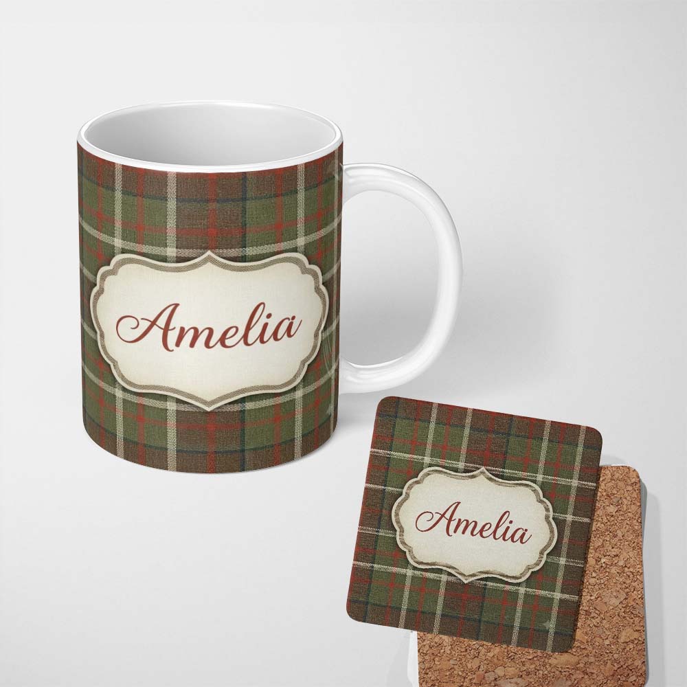 Personalized Custom Name Earth Tone Brown Green Vintage Tartan Plaid Seamless Pattern Name 11oz Ceramic Coffee Tea Mug White Large Handle