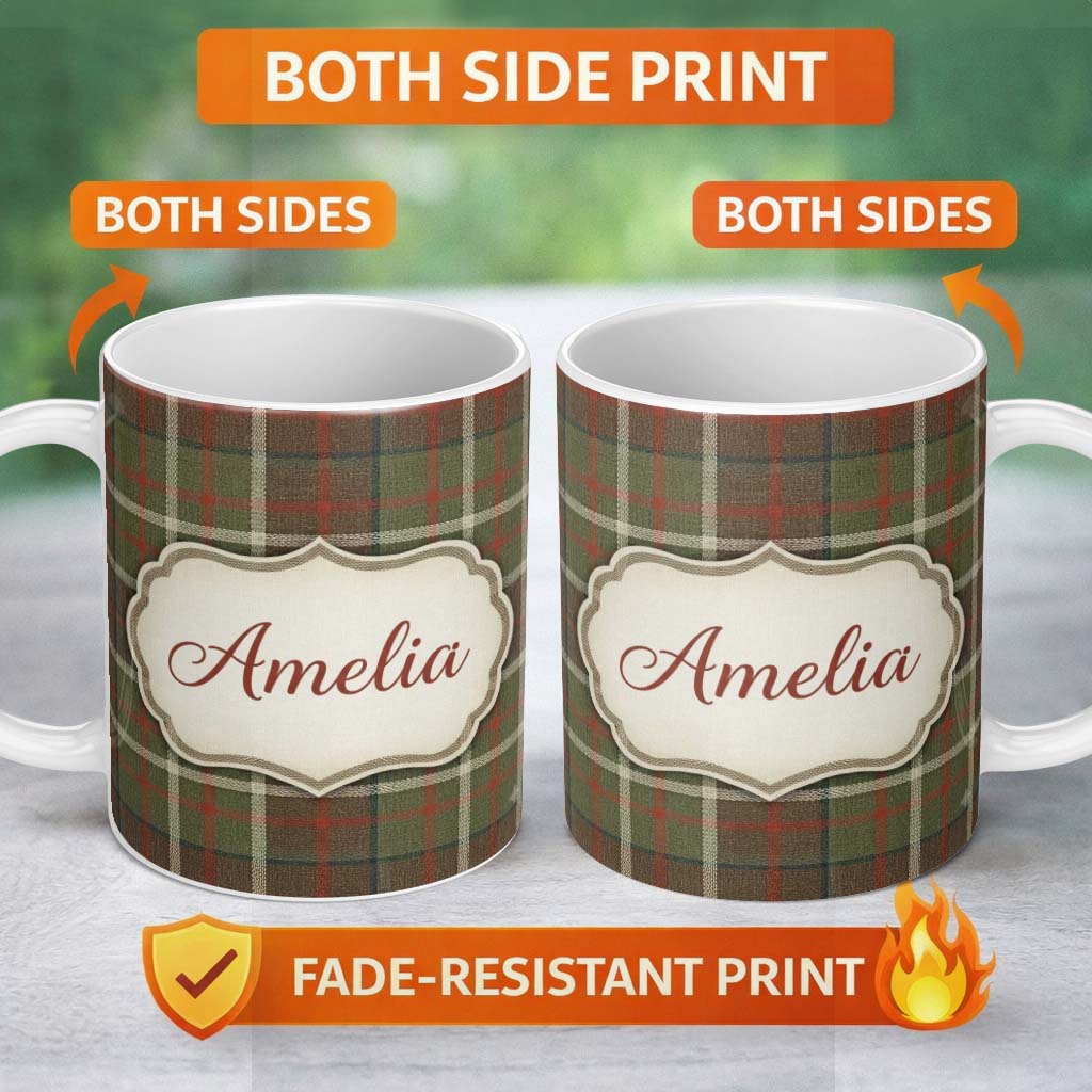 Personalized Custom Name Earth Tone Brown Green Vintage Tartan Plaid Seamless Pattern Name 11oz Ceramic Coffee Tea Mug White Large Handle