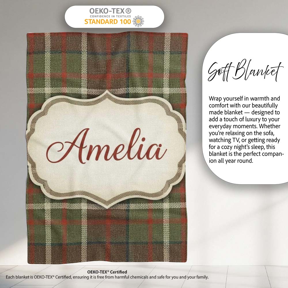Earth Tone Brown Green Vintage Tartan Plaid Seamless Pattern Name  Personalised Custom Name Super Soft Fleece Blanket Bed Sofa Throw