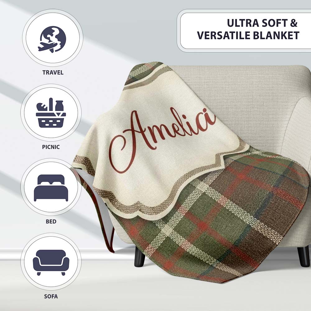 Earth Tone Brown Green Vintage Tartan Plaid Seamless Pattern Name  Personalised Custom Name Super Soft Fleece Blanket Bed Sofa Throw