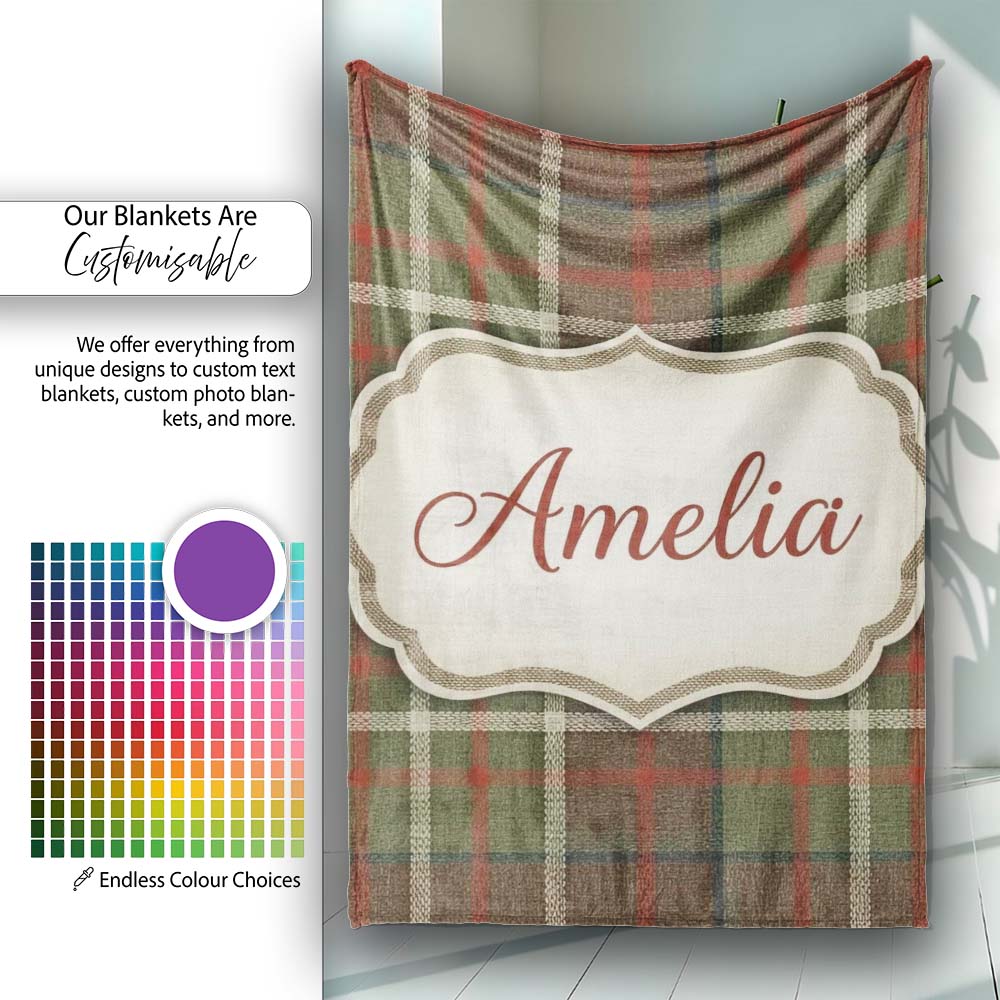 Earth Tone Brown Green Vintage Tartan Plaid Seamless Pattern Name  Personalised Custom Name Super Soft Fleece Blanket Bed Sofa Throw