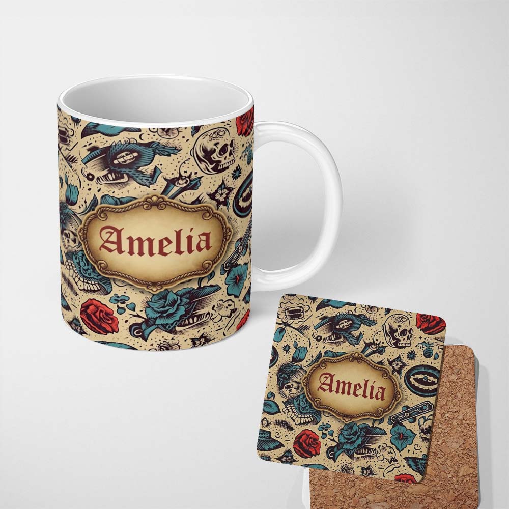 Personalized Custom Name Vintage Tattoo Skulls Birds Roses Seamless Pattern Name Cute Unique 11oz Ceramic Coffee Tea Mug White Large Handle