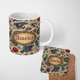 Personalized Custom Name Vintage Tattoo Skulls Birds Roses Seamless Pattern Name Cute Unique 11oz Ceramic Coffee Tea Mug White Large Handle