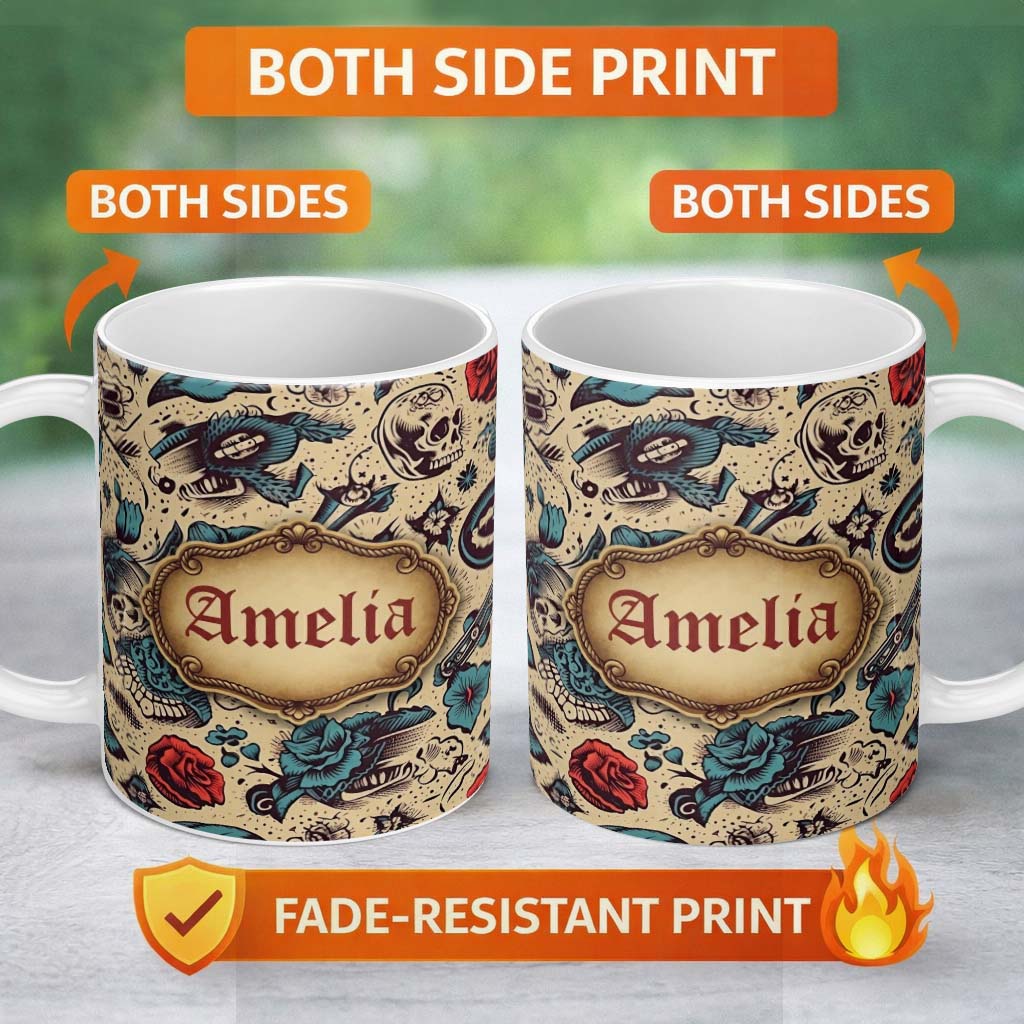 Personalized Custom Name Vintage Tattoo Skulls Birds Roses Seamless Pattern Name Cute Unique 11oz Ceramic Coffee Tea Mug White Large Handle