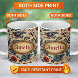 Personalized Custom Name Vintage Tattoo Skulls Birds Roses Seamless Pattern Name Cute Unique 11oz Ceramic Coffee Tea Mug White Large Handle