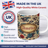 Personalized Custom Name Vintage Tattoo Skulls Birds Roses Seamless Pattern Name Cute Unique 11oz Ceramic Coffee Tea Mug White Large Handle