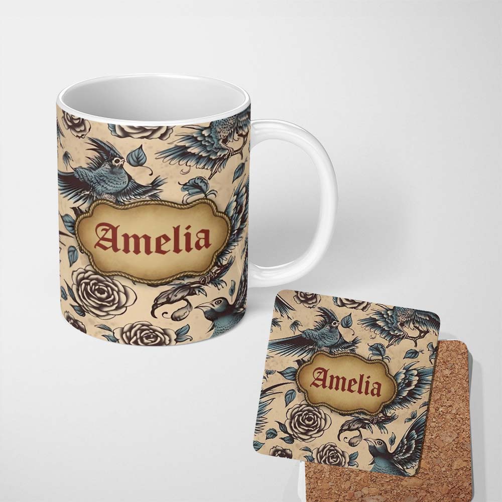 Personalized Custom Name Elegant Birds Roses Vintage Art Seamless Pattern Name Cute Unique 11oz Ceramic Coffee Tea Mug White Large Handle
