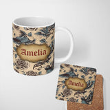 Personalized Custom Name Elegant Birds Roses Vintage Art Seamless Pattern Name Cute Unique 11oz Ceramic Coffee Tea Mug White Large Handle