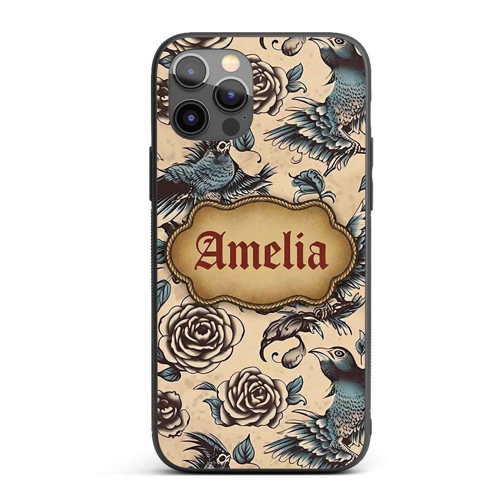 Elegant Birds Roses Vintage Art Seamless Pattern Custom Name Protective Phone Case Mobile Cover Durable Everyday Smartphone Shock Resistant