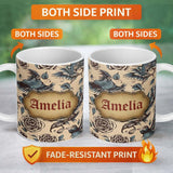 Personalized Custom Name Elegant Birds Roses Vintage Art Seamless Pattern Name Cute Unique 11oz Ceramic Coffee Tea Mug White Large Handle