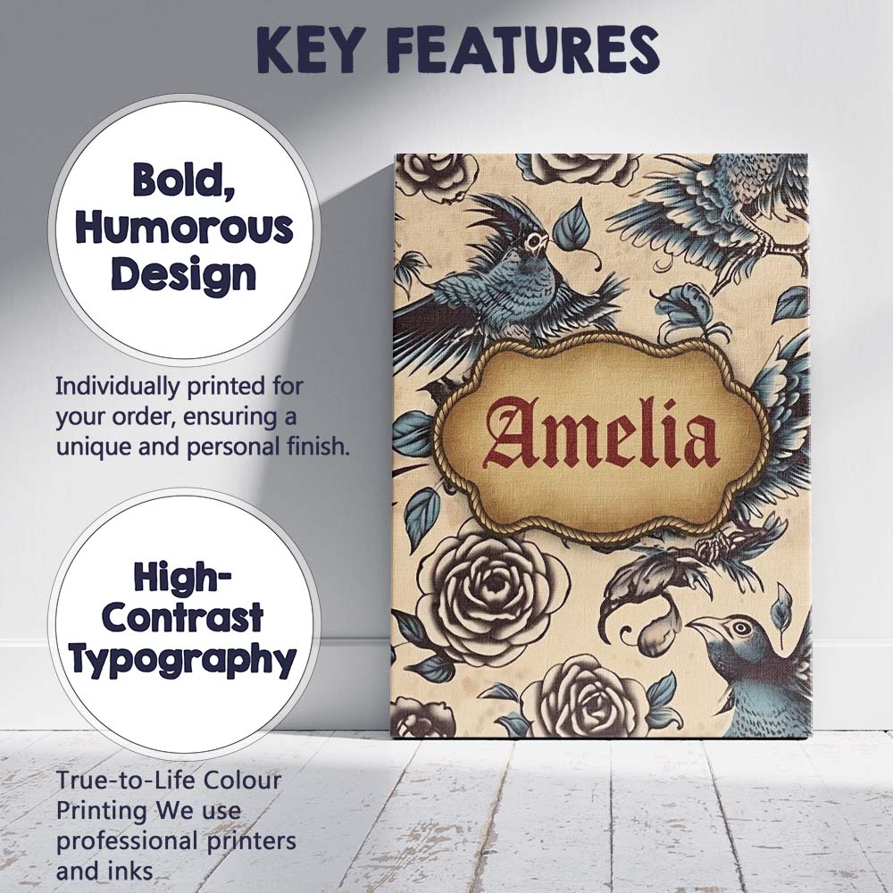 Personalised Name Elegant Birds Roses Custom Modern Room Accent Creative Decorator Style Canvas Wall Art Print Decor Picture Ready to Hang