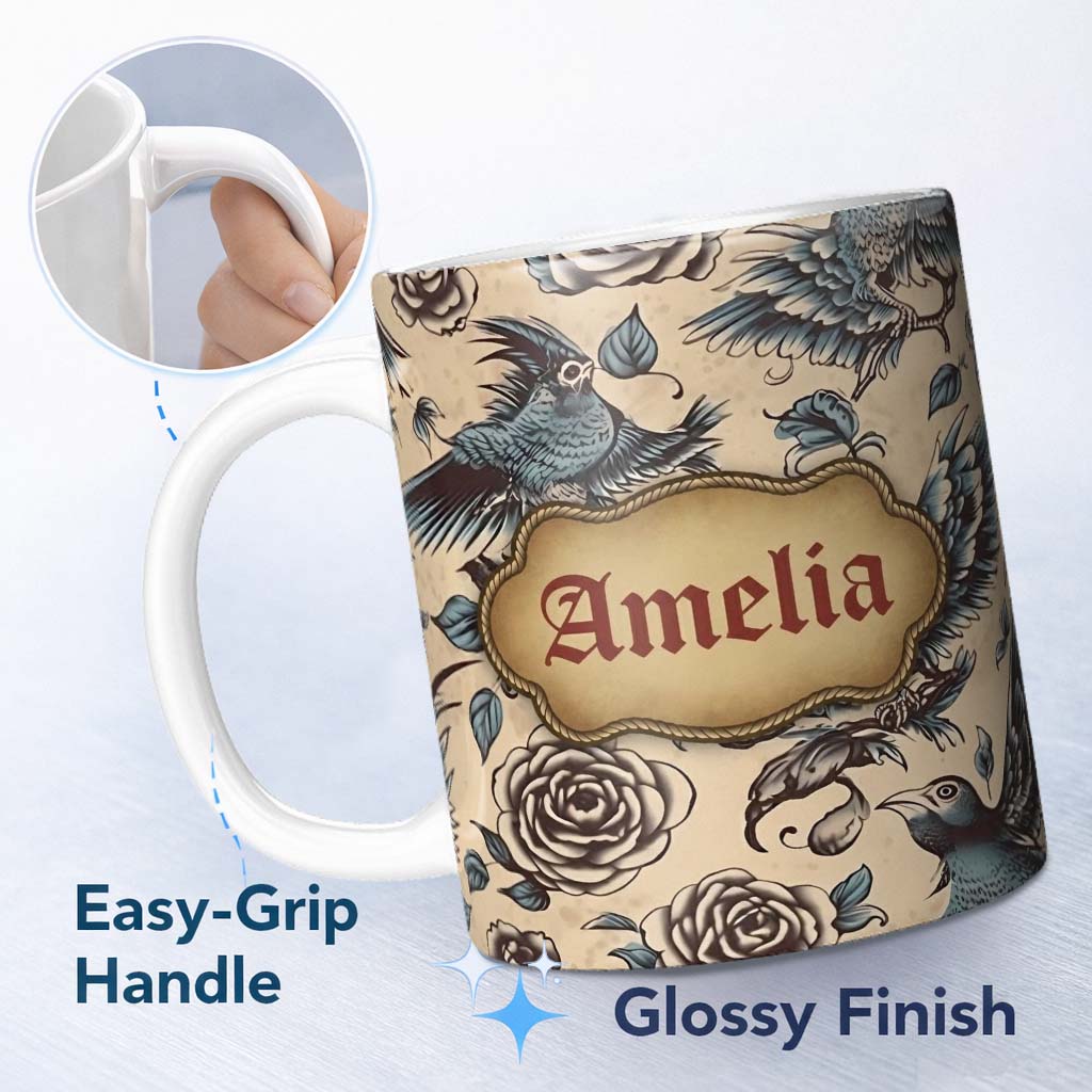 Personalized Custom Name Elegant Birds Roses Vintage Art Seamless Pattern Name Cute Unique 11oz Ceramic Coffee Tea Mug White Large Handle
