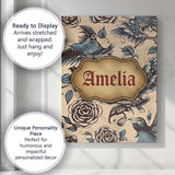 Personalised Name Elegant Birds Roses Custom Modern Room Accent Creative Decorator Style Canvas Wall Art Print Decor Picture Ready to Hang